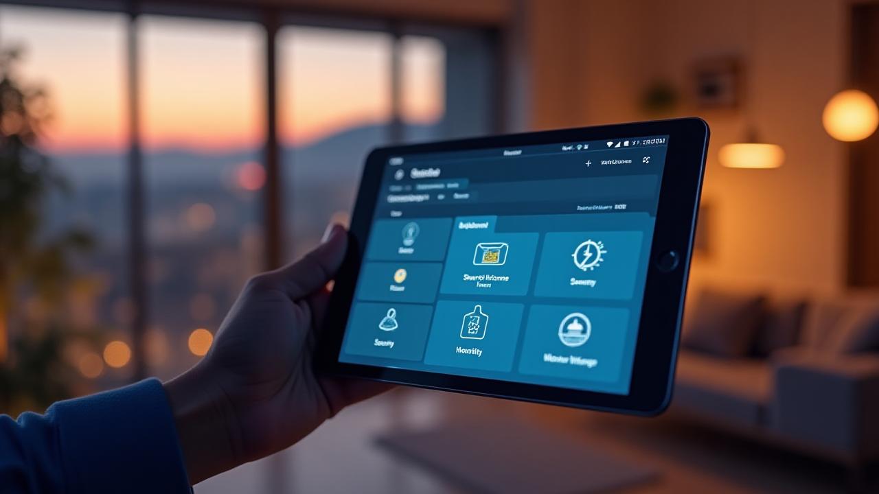 Lakástechnikai vezérlő felület tableten, az otthon beállításait megjelenítve